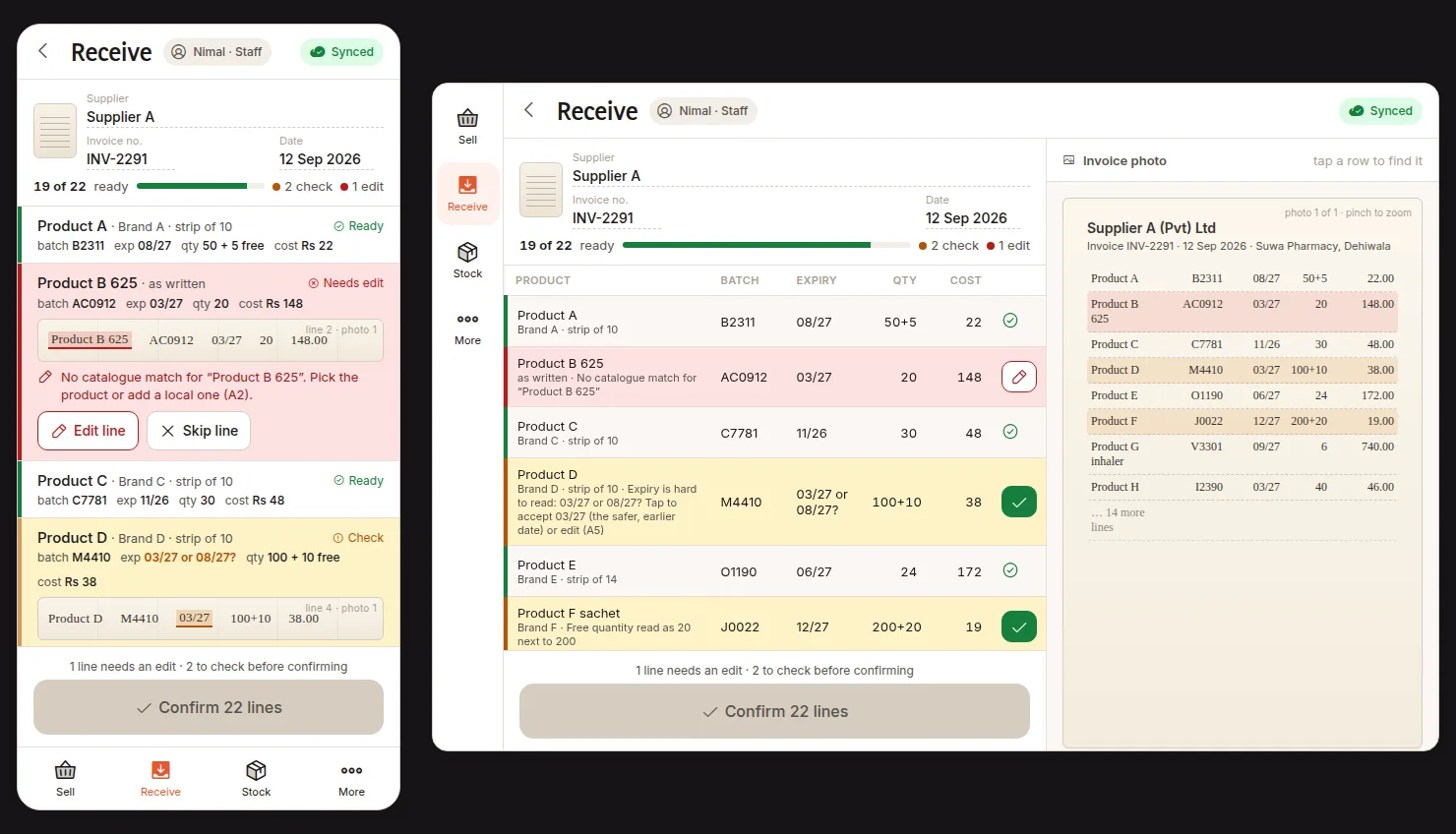 Design sketch of the receive screen on a phone and a tablet: invoice lines in paper order, ready rows in green, rows to check in amber and a row that needs an edit in red, with the crop from the photo.
