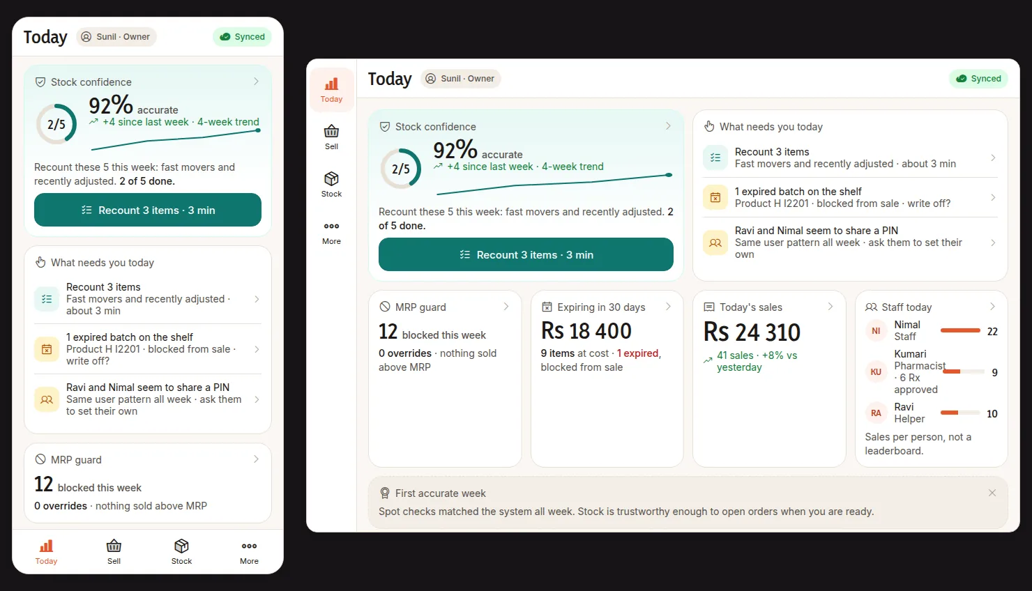 Design sketch of the owner's Today screen on a phone and a tablet: a stock-confidence score, a short list of what needs the owner today, and a count of sales the price guard blocked.