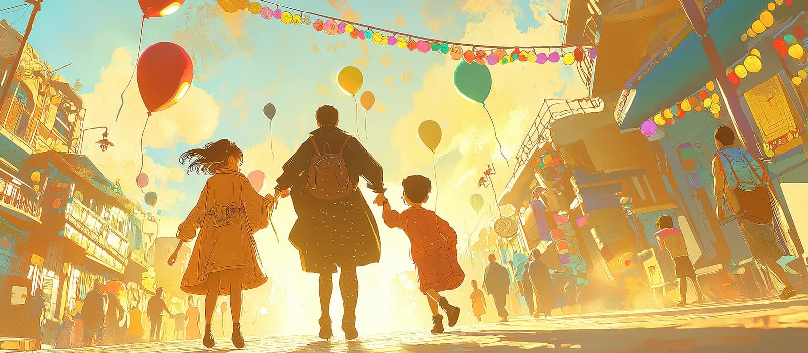 Illustration of a family walking hand in hand down a festival street under bunting and balloons.