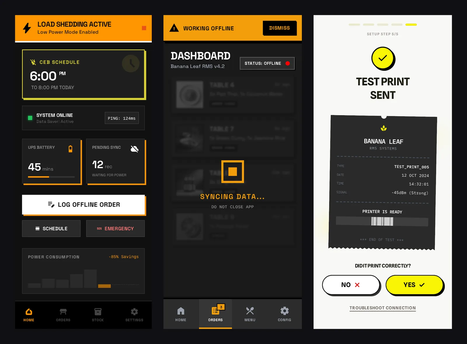 Three phone screens: a load-shedding mode with the power-cut schedule and battery time left, the dashboard working offline with orders waiting to sync, and a receipt-printer test.