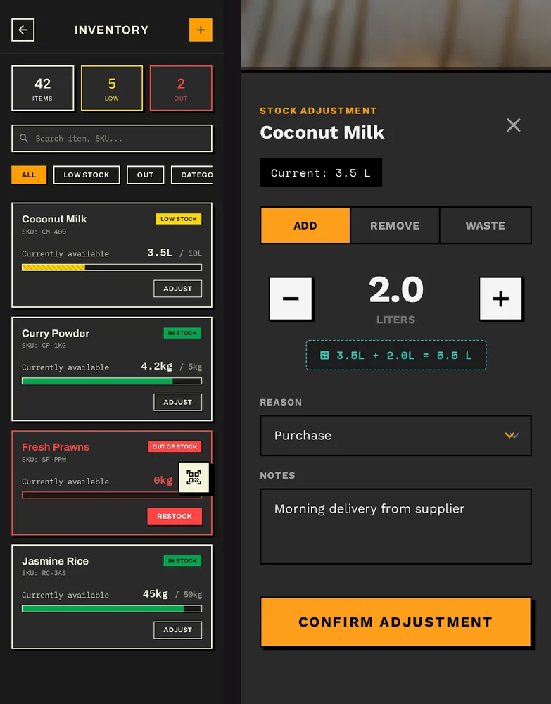 Two phone screens: an inventory list with low and out-of-stock items flagged, and a stock adjustment sheet with add, remove and waste, a quantity stepper and a reason.