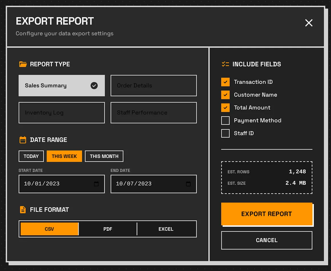 Export report dialog: choose a report type, a date range and a file format of CSV, PDF or Excel, and tick the fields to include.