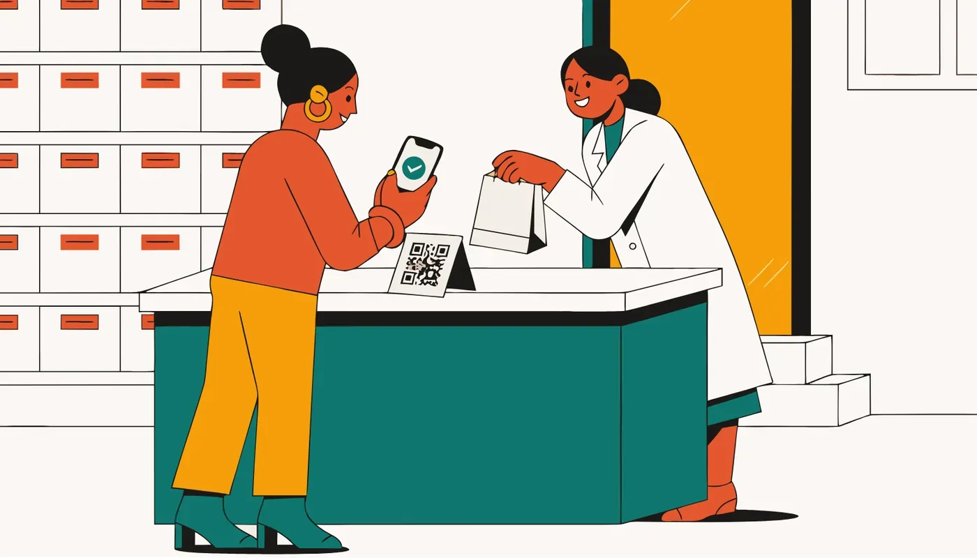 Illustration of a customer paying by QR code at a pharmacy counter while the pharmacist hands over a bag.