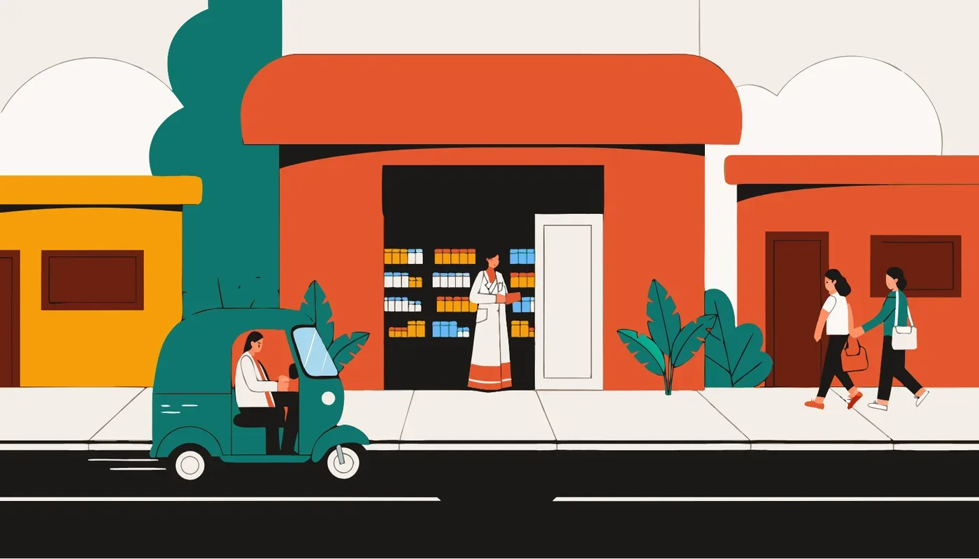 Illustration of a small neighbourhood pharmacy: a pharmacist at the counter, a three-wheeler passing and two people walking by.