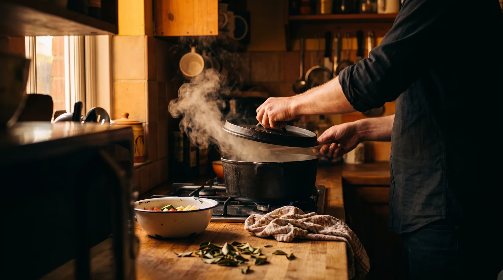 A home cook lifting the lid off a steaming pot in a home kitchen.