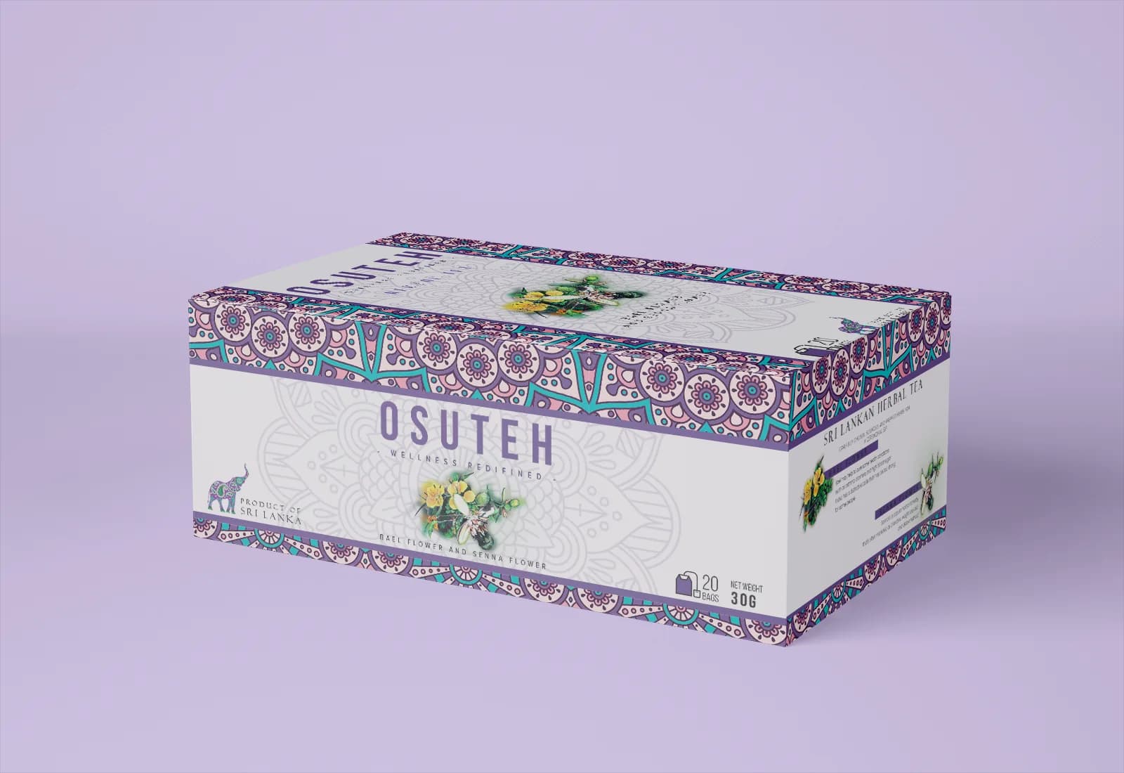 A single OSUTEH tea box in lilac and teal with a mandala border and an ingredients photo.