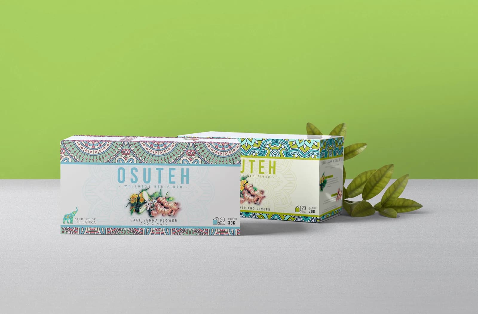 Two OSUTEH boxes in front of a green wall, the front one in pale blue.