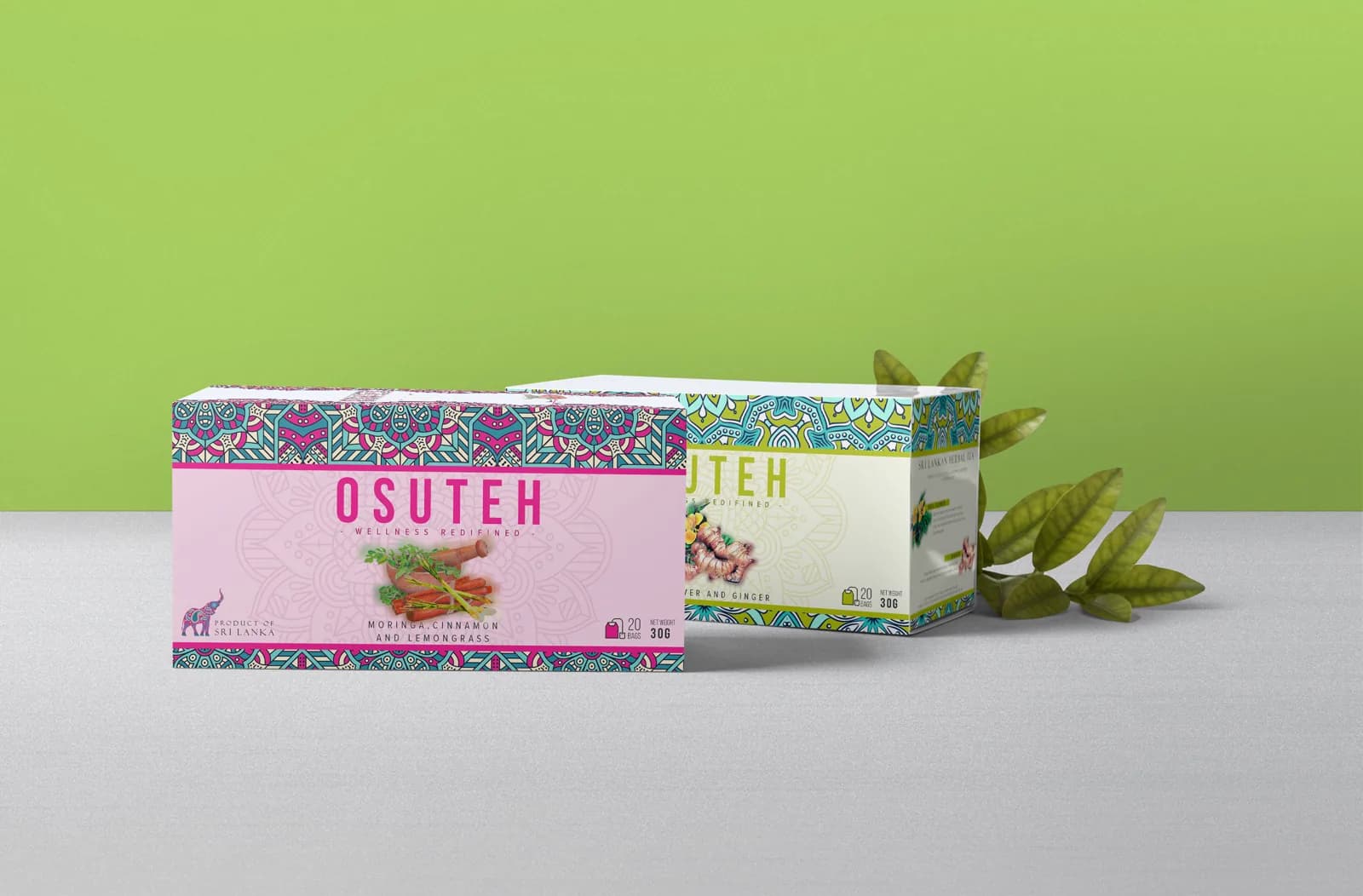 Two OSUTEH boxes in front of a green wall, the front one in pink.
