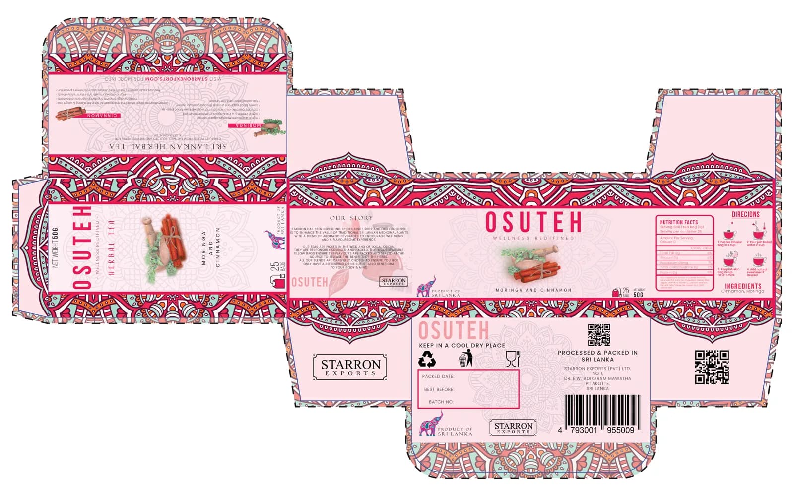 A flat dieline for an OSUTEH box in red and pink, showing every panel, a barcode and a QR code.