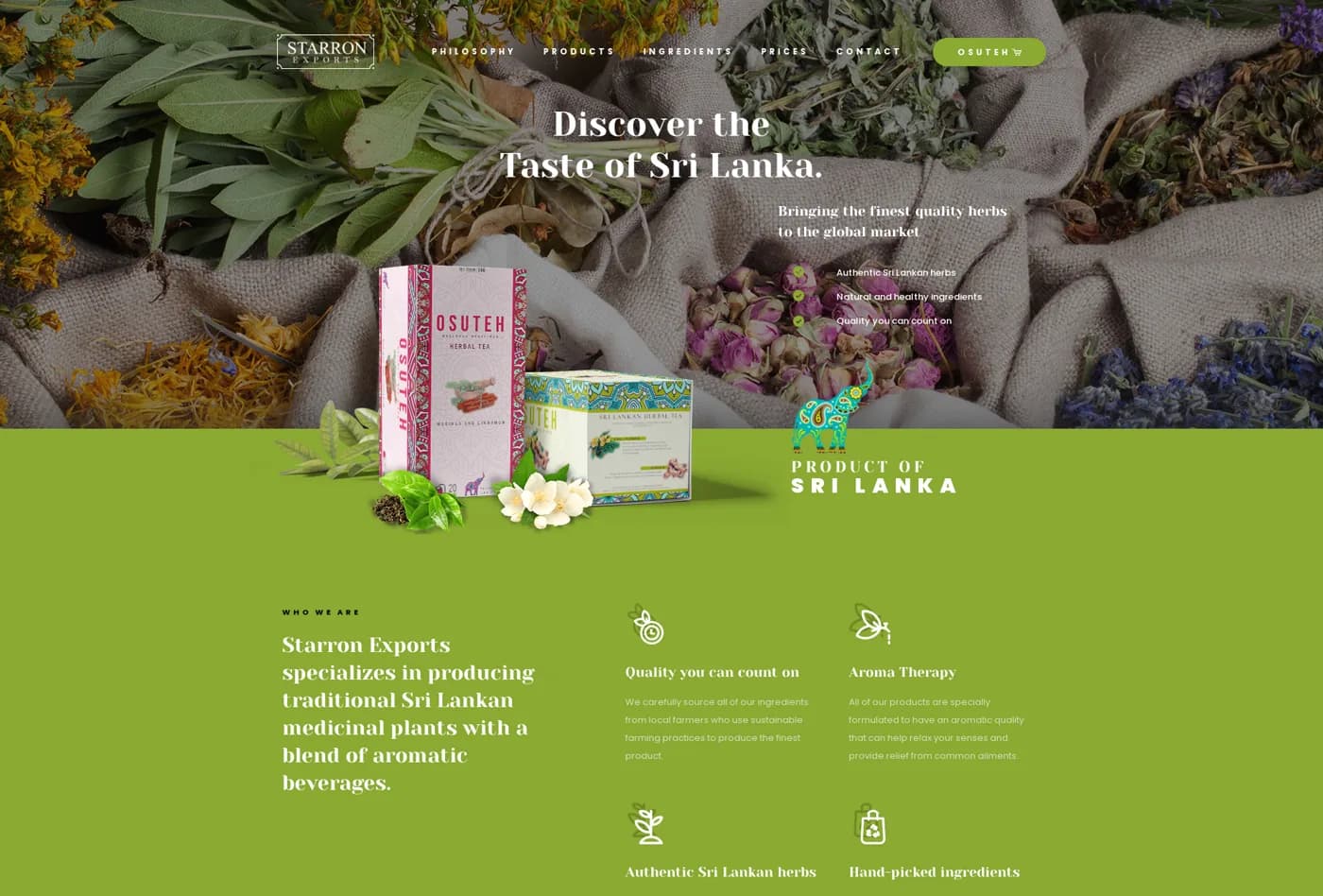 A tall website design for OSUTEH with a green home page, a product section and a new arrivals strip.