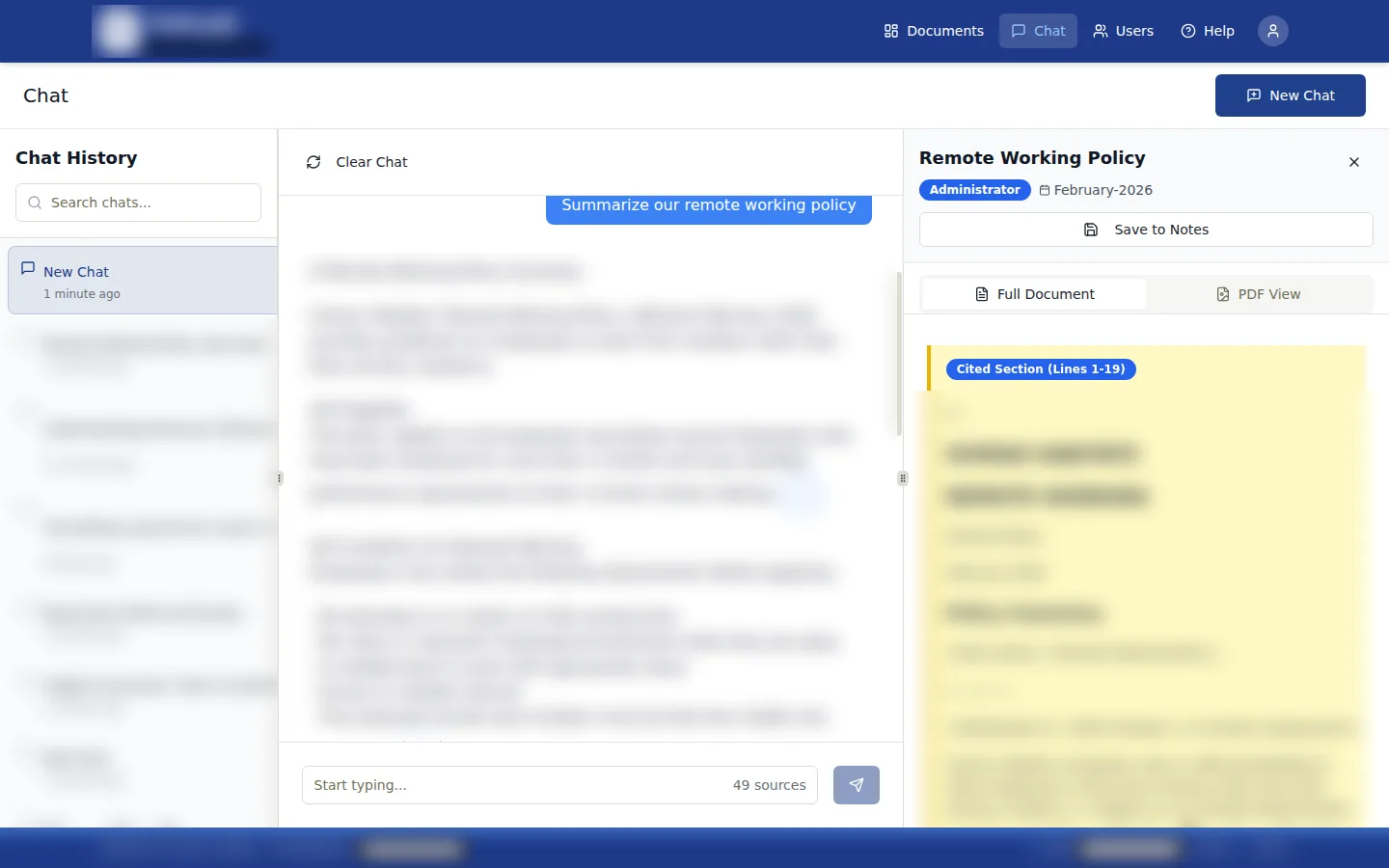 The built PolicyAI chat: a question, an answer, and a panel showing the cited section of the Remote Working Policy. Customer content is blurred.