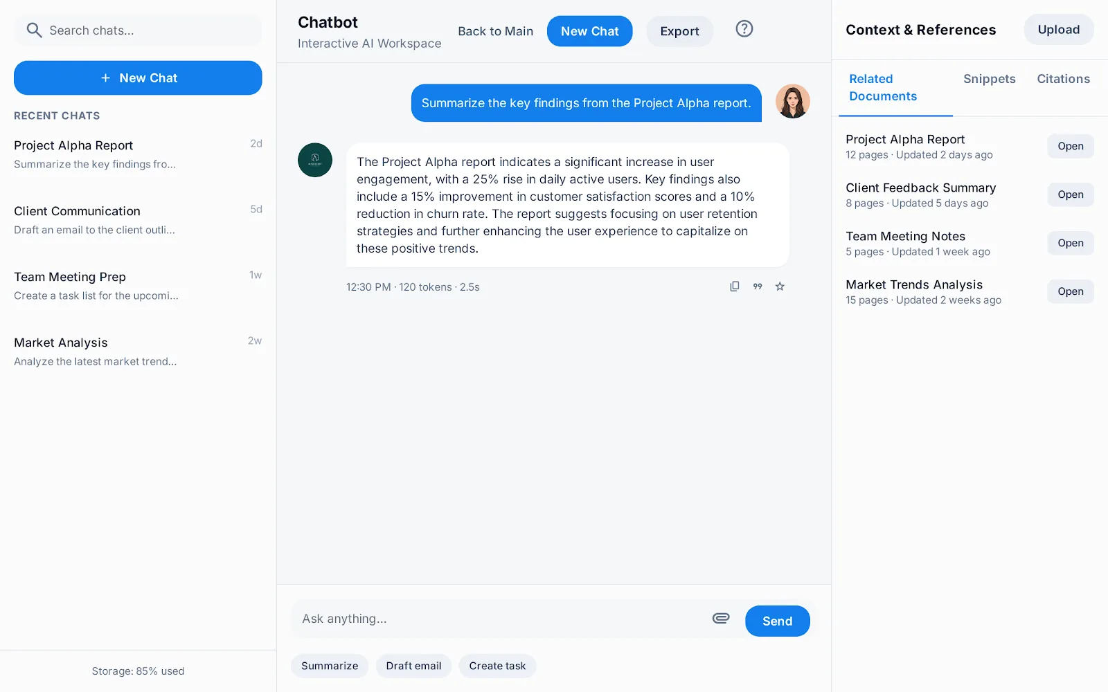 Concept for version 2: a chat answer with a Context and References pane listing related documents, snippets and citations.