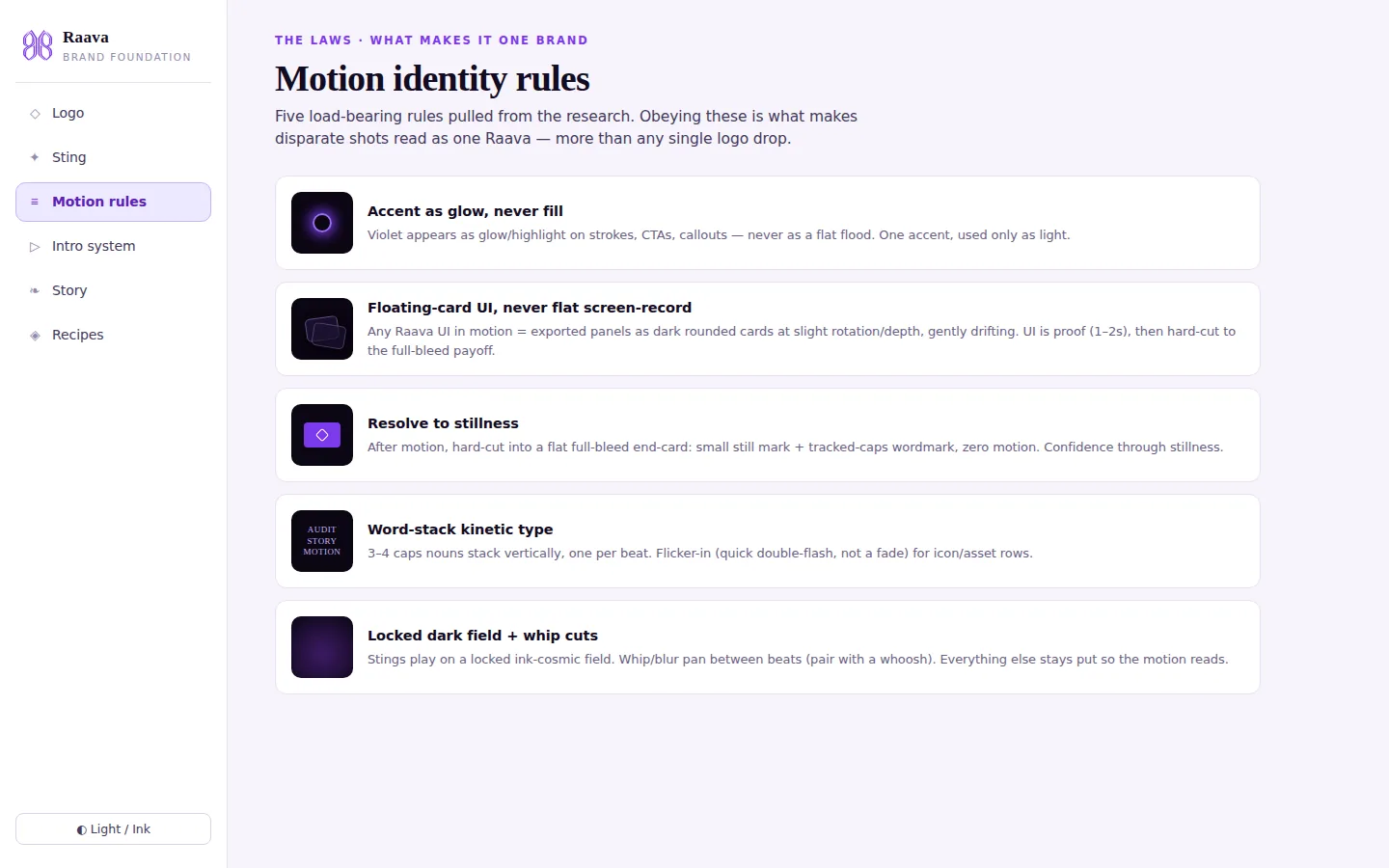 The brand board's motion identity page, listing five rules: accent as glow, floating-card UI, resolve to stillness, word-stack kinetic type, and a locked dark field.