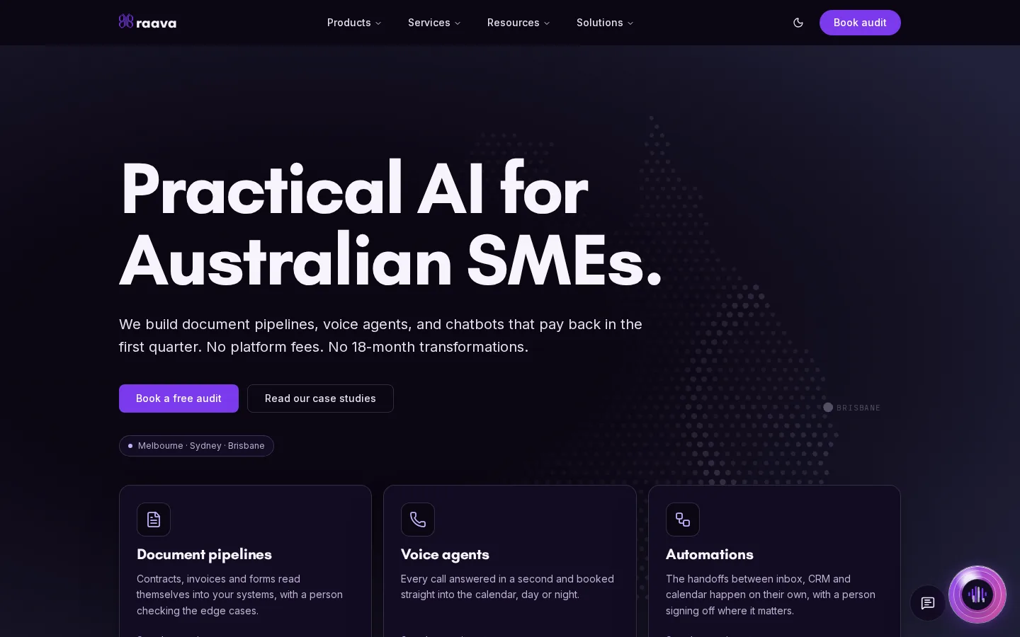The same home page in the dark theme, with the same layout and violet accents.