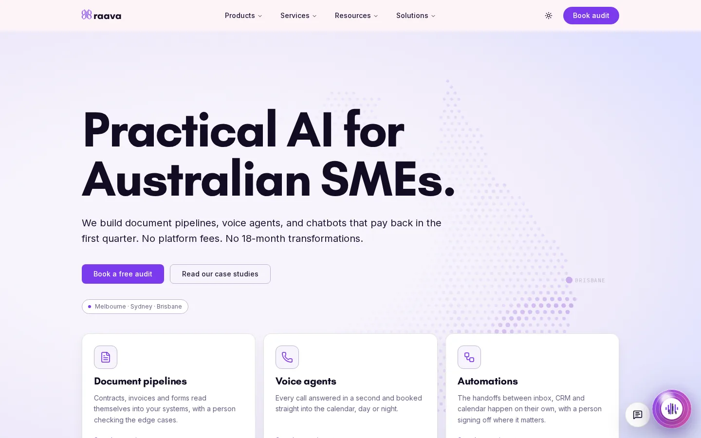 The ai.raava.au home page in the light theme: the headline Practical AI for Australian SMEs above three service cards.