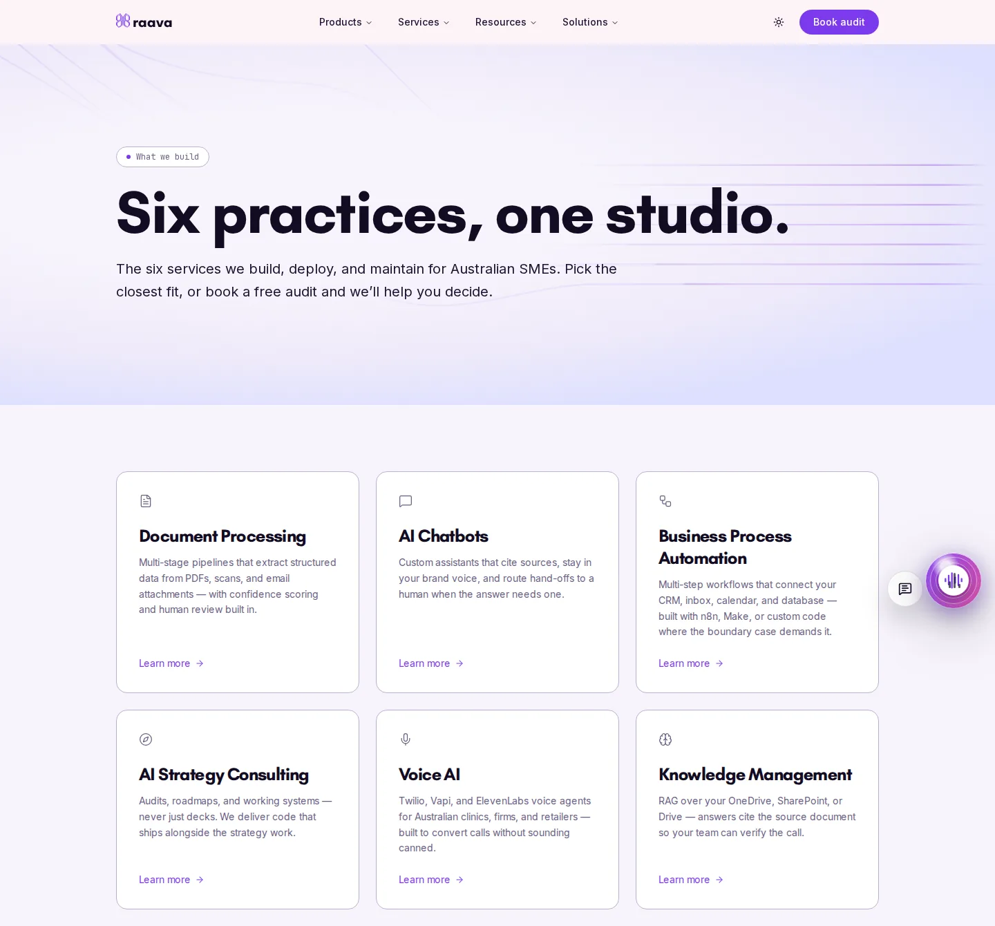 The services index on ai.raava.au: the heading Six practices, one studio, above six service cards.